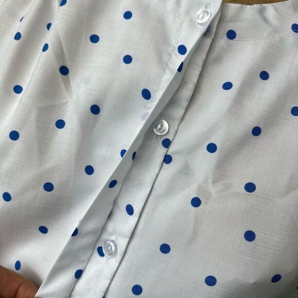 Vintage 80s Pykettes White & Blue Polka Dot Short Sleeve Blouse XL USA - Picture 4 of 9